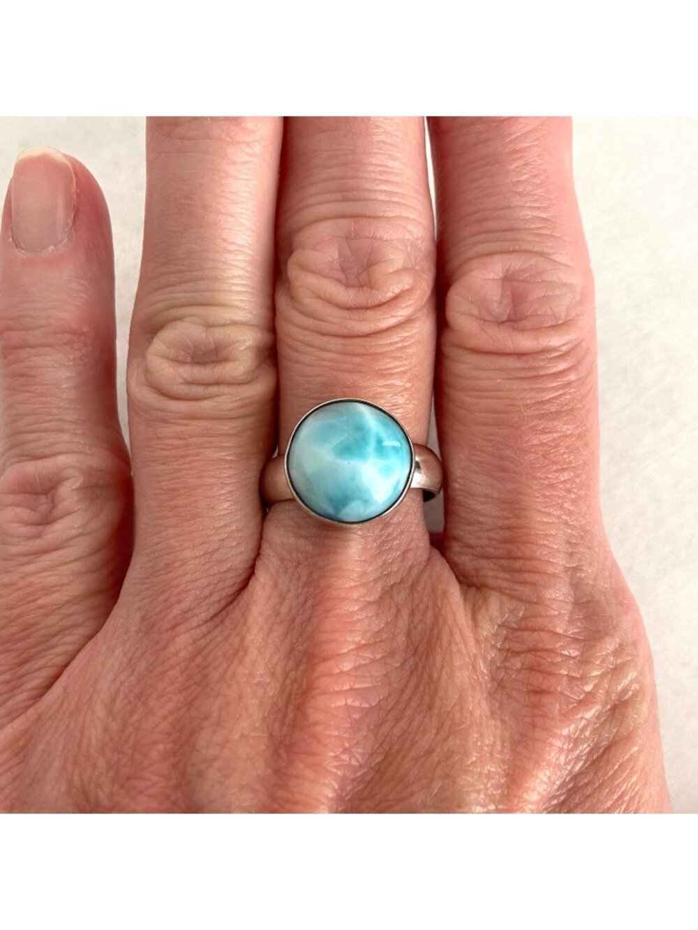 Sterling Silver 925 Round Blue Larimar Cabochon Ring Sz 8